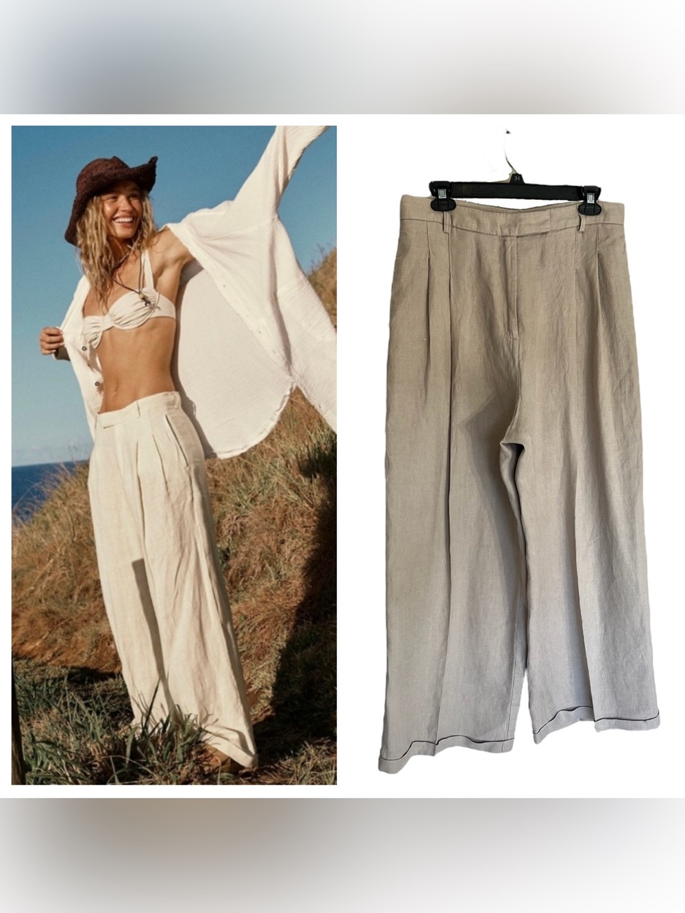 Free People Lyla wide leg cuffed linen trouser low slung pants beige 6 coastal